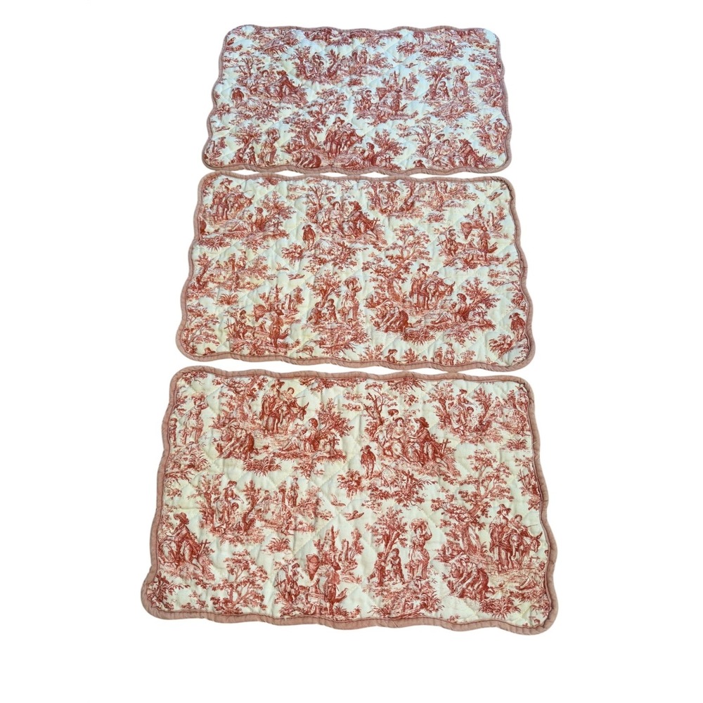 Waverly Set of 3 Quilted Placemats Red Toile French Country Cottagecore Gingham